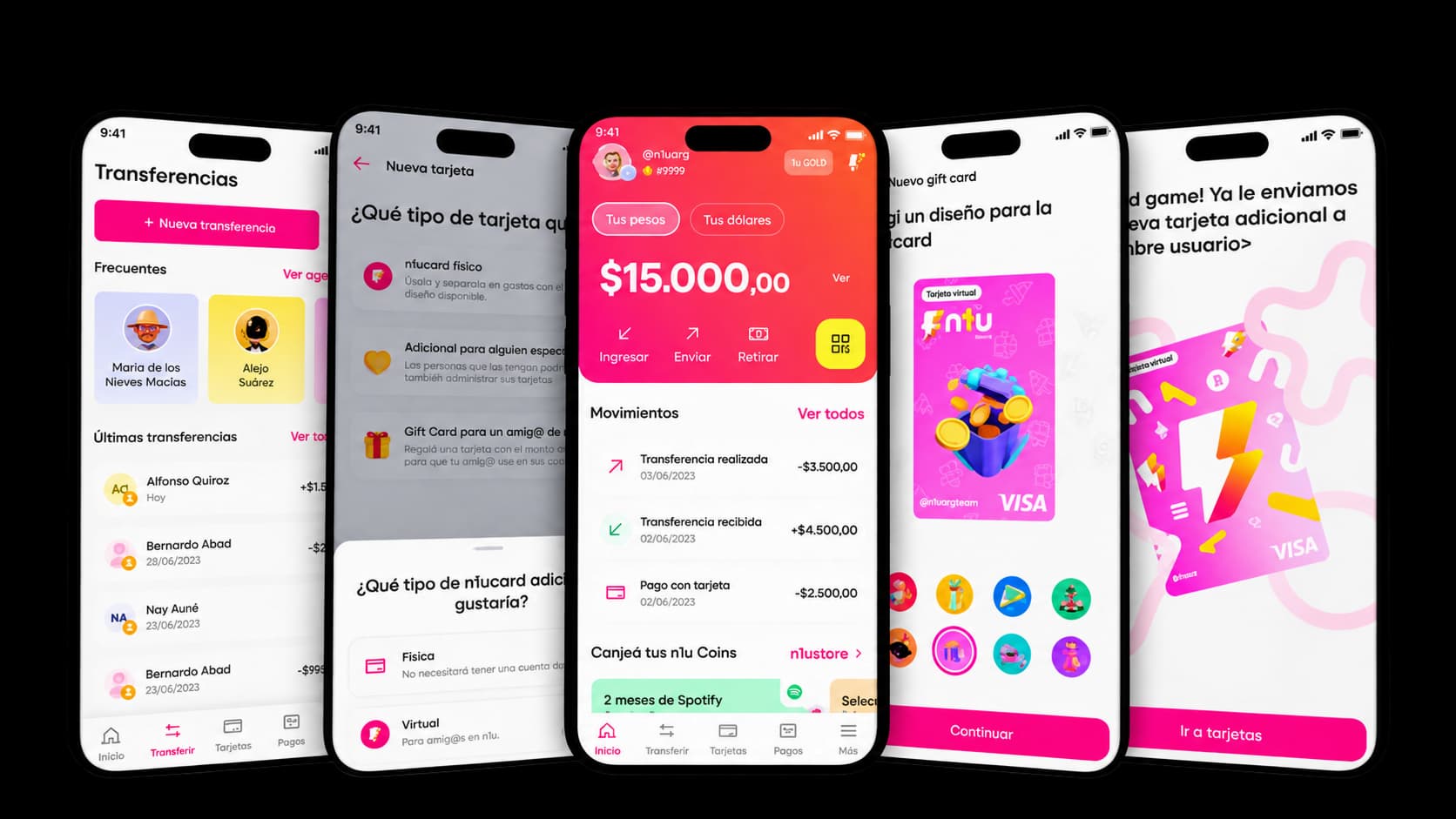 n1u mobile wallet screens showing payments, a prepaid card and rewards